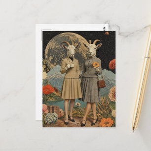 Carte Postale paire de dames chèvres collage surréaliste de peti