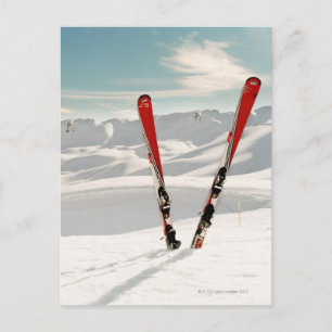 Carte Postale Paires rouges de ski se tenant dans la neige