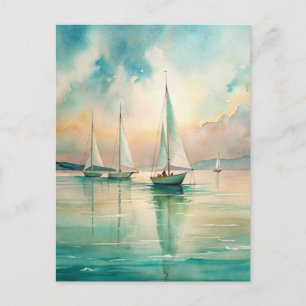 Carte Postale Paisible Pastel Bateaux à voile Art marin nautique