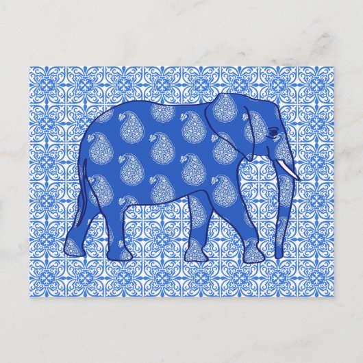 Carte Postale Paisley éléphant - bleu cobalt et blanc (Devant)