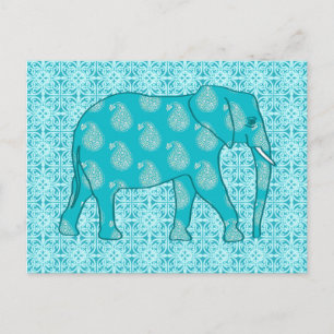 Carte Postale Paisley éléphant - turquoise et aqua