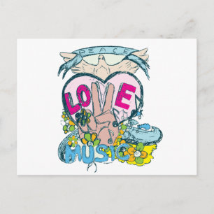 Carte Postale paix amour musique rétro hippie art vectoriel