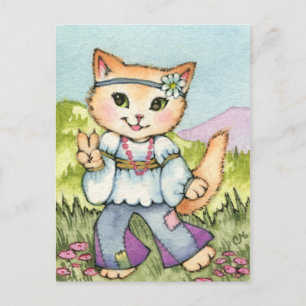 Carte Postale Paix - Jolie hippie 60s Cat Art