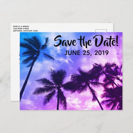 Carte Postale Palmiers tropicaux Enregistrer la date Annonce Car (Devant / Derrière)