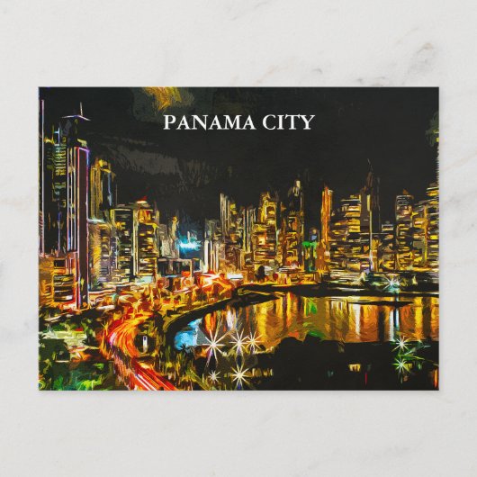 Carte Postale Panama City By Night Panorama Vue Peinture (Devant)