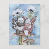 Carte Postale Panda et chat fée amis avec des fleurs d'anémone (Devant)