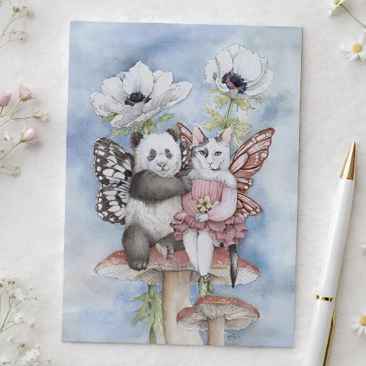 Carte Postale Panda et chat fée amis avec des fleurs d'anémone