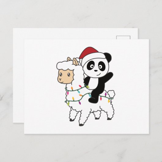 Carte Postale Panda Lama Noël Neige Hiver Animaux (Devant / Derrière)