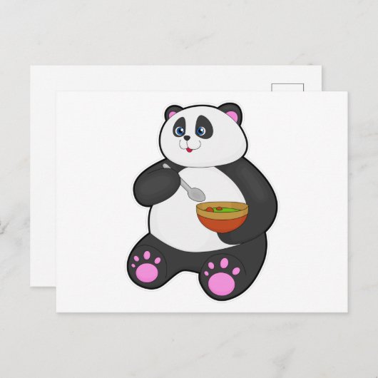 Carte Postale Panda mangeant avec une cuillère et un bol (Devant / Derrière)