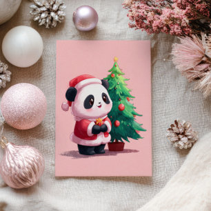 Carte Postale Panda mignonne en costume Père Noël Aquarelle Noël