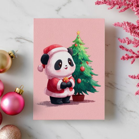 Carte Postale Panda mignonne en costume Père Noël Aquarelle Noël