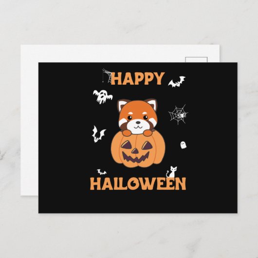 Carte Postale Panda Rouge En Pandas Cute Citrouille Joyeux Hallo (Devant / Derrière)