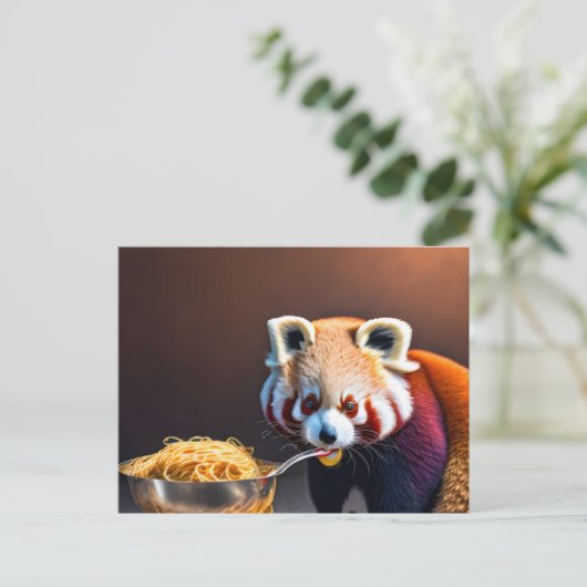 Carte postale Panda Rouge Mangeant Spaghetti (Debout devant)