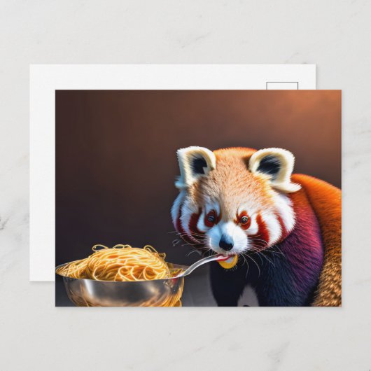 Carte postale Panda Rouge Mangeant Spaghetti (Devant / Derrière)