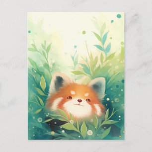 Carte Postale Panda roux heureux dans jardin vert
