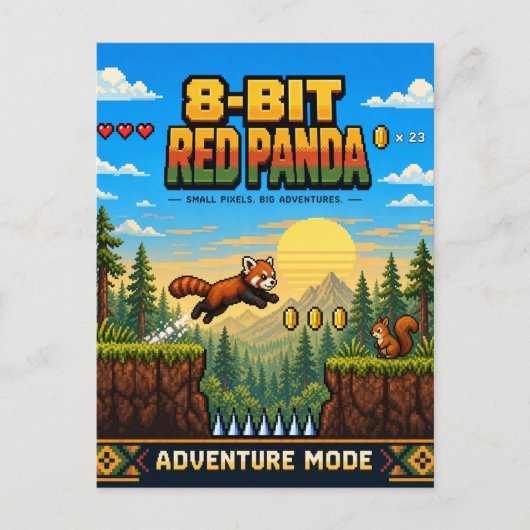 Carte Postale Panda roux, Rétro Pixel Art 8-Bit (Devant)