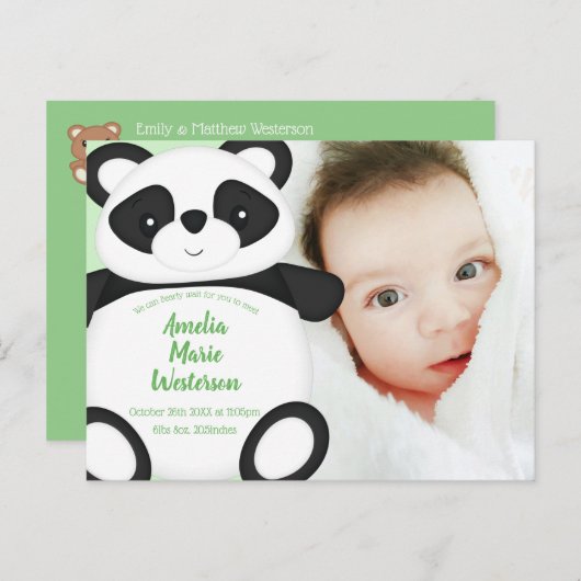 Carte Postale Panda vert ours bébé Faire-part de naissance (Devant / Derrière)
