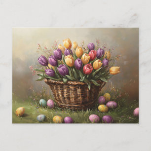 Carte Postale Panier de Pâques avec tulipes et oeufs