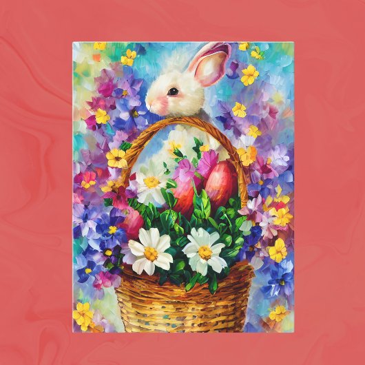 Carte Postale Panier de Pâques, fleurs et peinture à l'huile de