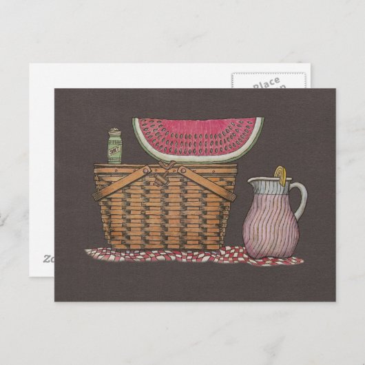 Carte Postale Panier de pique-nique et pastèque (Devant / Derrière)