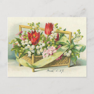 Carte Postale Panier victorien Tulipes rouges et Lys de la vallé