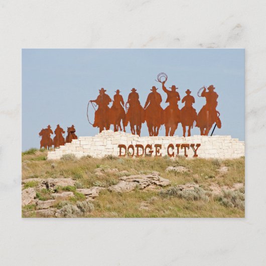 Carte Postale Panneau de la ville de Dodge - Cowboys - Chevaux - (Devant)