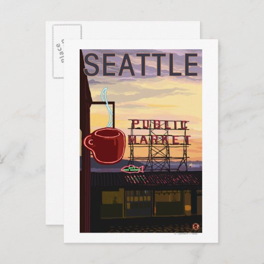 Carte Postale Panneau du marché de SeattlePike Place et vue sur (Devant / Derrière)