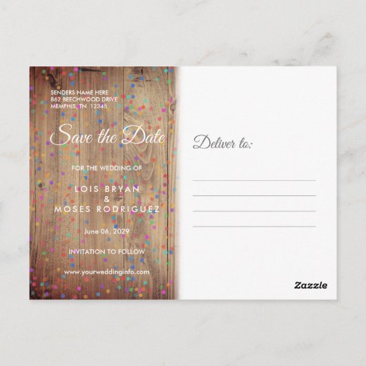 Carte Postale Panneaux en bois rustique Rainbow Confetti Enregis (Dos)