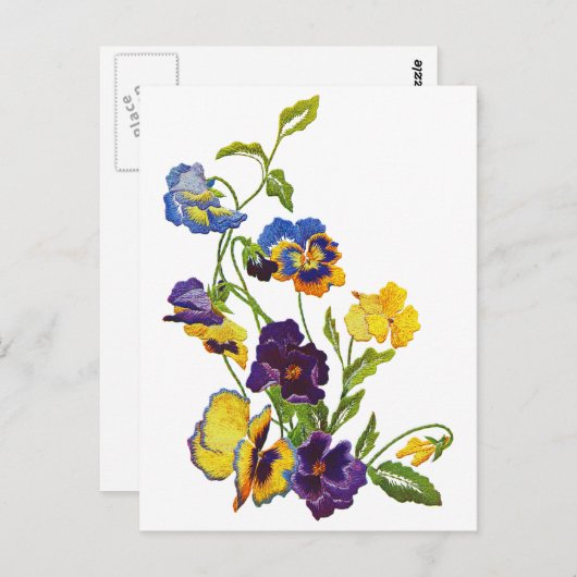 Carte Postale Pansies brodées Art Nouveau (Devant / Derrière)