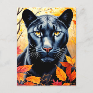 Carte Postale Panther Chat Automne Feuilles Art