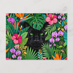 Carte Postale Panthère noire Fleurs de jungle et feuillage tropi