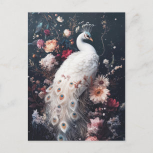 Carte Postale Paon Blanc Élégant dans Jardin de Nuit Floral