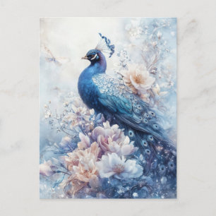 Carte Postale Paon Bleu Majestueux dans Jardin Floral Blanc