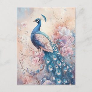 Carte Postale Paon Bleu Majestueux dans un Jardin Floral Rose