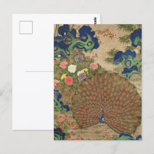 Carte Postale paon chinois et fleurs (XVIIe siècle) vintage
