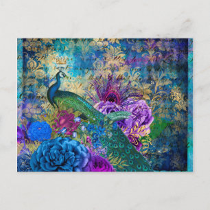 Carte Postale Paon couronné sur Blue Purple Floral