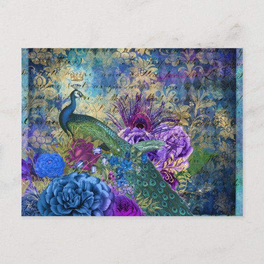 Carte Postale Paon couronné sur Blue Purple Floral (Devant)