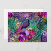 Carte Postale Paon mauve couronné avec fleurs (Devant / Derrière)