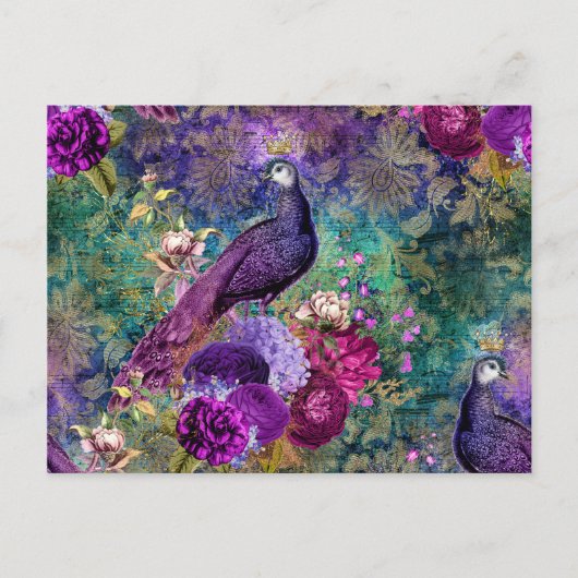 Carte Postale Paon mauve couronné avec fleurs (Devant)