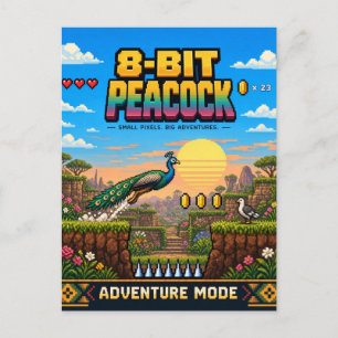 Carte Postale Paon, Pixel Art Rétro 8 Bits