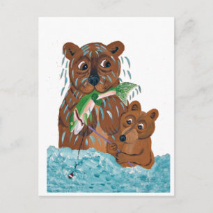 Carte Postale Papa ours essayant d'apprendre au ourson à pêcher