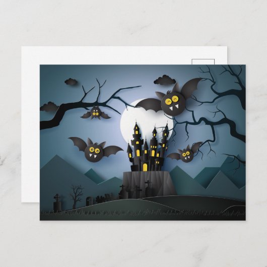 Carte Postale Papercut Haunted Castle et chauves-souris (Devant / Derrière)