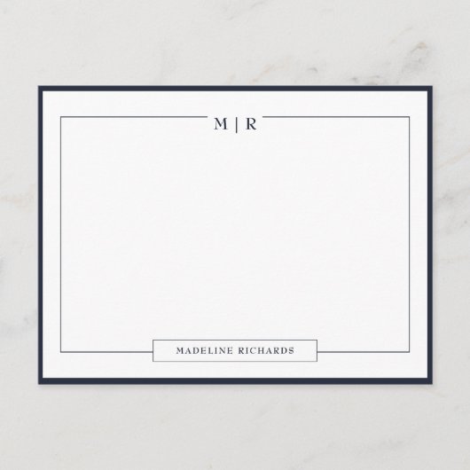 Carte Postale Papeterie classique à bordure bleu marine monogram (Devant)