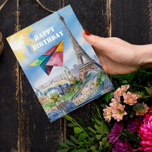 Carte Postale Papier Avion Volant à Paris, Colorée, Aquarelle