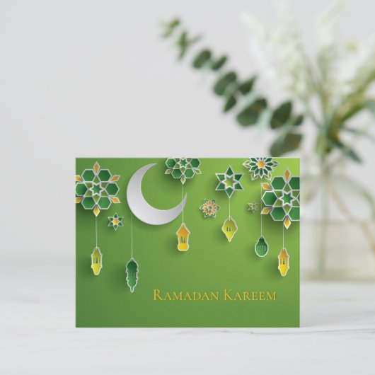Carte Postale Papier coupé Lanternes Ramadan, Lune, Fleurs, Vert (Debout devant)