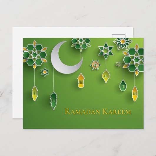 Carte Postale Papier coupé Lanternes Ramadan, Lune, Fleurs, Vert (Devant / Derrière)