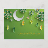Carte Postale Papier coupé Lanternes Ramadan, Lune, Fleurs, Vert (Devant)