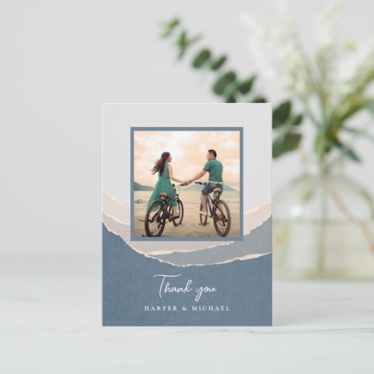 Carte Postale papier déchiré montagnes mariage photo merci (Debout devant)