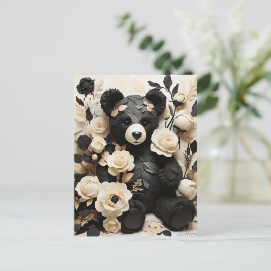 Carte Postale Papier Rose & Feuille & Ours Noir Valentine (Debout devant)