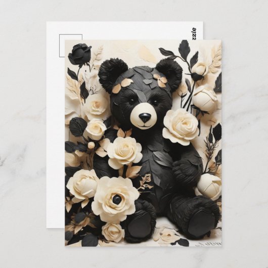 Carte Postale Papier Rose & Feuille & Ours Noir Valentine (Devant / Derrière)